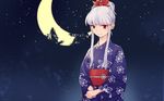  alternate_costume alternate_hairstyle blue_hair crescent_moon hair_ornament japanese_clothes kamishirasawa_keine kimono long_hair meimaru_inuchiyo moon multicolored_hair night night_sky obi red_eyes sash silver_hair sky smile solo star_(sky) starry_moon tied_hair touhou white_hair yukata 