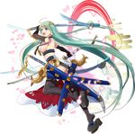  :d absurdly_long_hair ahoge ass black_gloves black_legwear blue_eyes blush breasts cleavage earrings elbow_gloves eyebrows_visible_through_hair full_body gloves green_hair heart heart_earrings holding holding_sword holding_weapon jewelry large_breasts long_hair looking_at_viewer murakami_yuichi official_art open_mouth oshiro_project oshiro_project_re platform_footwear sheath sheathed smile solo sword thighhighs tokugawa_osaka_(oshiro_project) transparent_background v-shaped_eyebrows very_long_hair weapon 