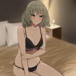  black_bra black_panties blue_eyes blurry blush bra breasts brown_hair cleavage closed_mouth collarbone depth_of_field green_eyes hand_on_own_arm heterochromia idolmaster idolmaster_cinderella_girls indoors large_breasts medium_hair mole mole_under_eye nightstand on_bed panties senju_(snz0) sitting smile solo takagaki_kaede underwear underwear_only 