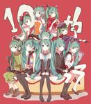  aqua_eyes aqua_hair bad_end_night_(vocaloid) chibi chibi_on_head closed_eyes commentary_request detached_sleeves gloves green_eyes green_hair hat hatsune_miku headphones highres kawashima_taro long_hair matryoshka_(vocaloid) multiple_girls necktie odds_&amp;_ends_(vocaloid) on_head open_mouth peaked_cap red_background saihate_(vocaloid) senbon-zakura_(vocaloid) sitting skirt songover steepled_fingers tell_your_world_(vocaloid) thighhighs twintails very_long_hair vocaloid world_is_mine_(vocaloid) 