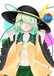  anger_vein black_hat blush bow bow_bra bra breasts bright_pupils collarbone eyebrows eyebrows_visible_through_hair frilled_bra frilled_sleeves frills green_bow green_eyes green_hair green_skirt hair_over_one_eye hat hat_bow highres komeiji_koishi long_sleeves navel open_clothes open_mouth open_shirt rei_rf shirt short_hair simple_background skirt small_breasts solo sweat third_eye touhou underwear white_background wide_sleeves yellow_bow yellow_bra yellow_shirt 