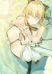  arm_up artoria_pendragon_(all) bangs black_bow blonde_hair blue_eyes bow closed_mouth dress eyebrows_visible_through_hair fate/stay_night fate/unlimited_codes fate_(series) from_above gloves hair_between_eyes hair_bow long_hair looking_at_viewer looking_up ponytail saber_lily saijou_haruki sidelocks solo white_dress white_gloves 