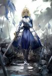  after_battle ahoge armor artoria_pendragon_(all) blonde_hair blood cloud cloudy_sky commentary dress excalibur fate/stay_night fate_(series) flag green_eyes looking_at_viewer nine_(liuyuhao1992) rain revision saber sad sky solo standard_bearer sword torn_clothes weapon 