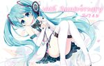  anniversary aqua_eyes aqua_hair boots commentary_request dated detached_sleeves hatsune_miku ikataruto long_hair looking_at_viewer magical_mirai_(vocaloid) microphone skirt smile solo thigh_boots thighhighs twintails very_long_hair vocaloid white_background 