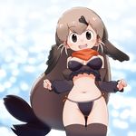  :d ass_visible_through_thighs bare_shoulders bikini black_bikini blurry blurry_background breasts breasts_apart brown_eyes brown_hair brown_legwear commentary_request cowboy_shot detached_sleeves eyebrows_visible_through_hair hair_ornament hairclip highres kemono_friends long_hair looking_at_viewer medium_breasts navel open_mouth orange_scarf sat-c scarf smile solo steller's_sea_lion_(kemono_friends) swimsuit thigh_gap thighhighs very_long_hair 