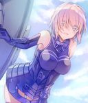  :d armor armored_dress bangs breasts commentary_request cowboy_shot elbow_gloves eyebrows_visible_through_hair fate/grand_order fate_(series) gloves hair_over_one_eye highres holding_shield impossible_clothes large_breasts lavender_hair leaning_forward looking_at_viewer mash_kyrielight open_mouth pink_hair purple_eyes purple_gloves purple_legwear saijou_haruki shield short_hair smile solo tareme thighhighs thighs 