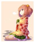  apron bangs bell blush brown_hair checkered checkered_kimono cup eyebrows_visible_through_hair full_body hair_bell hair_ornament highres holding japanese_clothes kimono long_sleeves looking_to_the_side motoori_kosuzu one_side_up orange_eyes parted_lips rin_falcon seiza sitting solo touhou wide_sleeves yellow_apron yunomi 