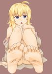  1girl ahoge barefoot blonde_hair blue_eyes feet gabriel_dropout hand_on_knee long_hair looking_at_viewer nude open_mouth pov pussy sitting soles tenma_gabriel_white toes 