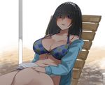  bikini black_hair blue_bikini blue_eyes blush book breasts cleavage front-tie_bikini front-tie_top hair_over_eyes hairband halterneck idolmaster idolmaster_cinderella_girls large_breasts leaning_back lying medium_hair navel off_shoulder on_back outdoors parted_lips plaid plaid_bikini sagisawa_fumika sand senju_(snz0) solo strap_gap swimsuit 