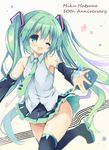  ;d anniversary bangs boots character_name commentary_request detached_sleeves eighth_note green_eyes green_hair hatsune_miku long_hair musical_note necktie one_eye_closed open_mouth purinko skirt smile solo staff_(music) thigh_boots thighhighs twintails very_long_hair vocaloid 