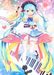  absurdly_long_hair bad_id bad_pixiv_id blue_eyes blue_hair blush detached_sleeves eyebrows_visible_through_hair full_body hatsune_miku heart keyboard long_hair looking_at_viewer maruma_(maruma_gic) open_mouth signature smile solo thighhighs twintails very_long_hair vocaloid white_legwear 