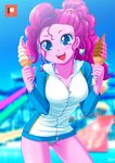 1girl bikini blue_eyes breasts earrings hair_tie hoodie ice_cream jacket large_breasts my_little_pony my_little_pony_equestria_girls my_little_pony_friendship_is_magic personification pink_hair pink_skin pinkie_pie ponytail solo striped_bikini swimsuit swimsuit_under_clothes uotapo 