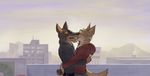  2017 absurd_res anthro canine clothed clothing coyote doberman dog duo french_kissing half-closed_eyes hi_res hug kissing male male/male mammal open_mouth paintfox romantic_couple saliva simple_background 