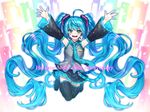  absurdly_long_hair arms_up black_legwear black_skirt blue_eyes blue_hair blue_neckwear blush character_name detached_sleeves eyebrows_visible_through_hair full_body hatsune_miku kiritani846 long_hair looking_at_viewer necktie open_mouth skirt smile solo teeth thighhighs tie_clip twintails very_long_hair vocaloid 