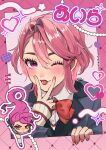  1girl ;p absurdres blazer blue_jacket bow chibi chibi_inset dandadan heart highres jacket kameoka908 looking_at_viewer one_eye_closed pink_eyes pink_hair red_bow school_uniform shiratori_aira_(dandadan) shirt short_hair tongue tongue_out v_over_mouth white_shirt 