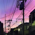  black_hair building commentary ilya_kuvshinov lamppost original overhead_line power_lines purple_sky short_hair solo sunset town 