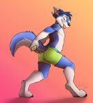 2017 5_fingers anthro black_nose blue_hair boxer_briefs butt camera canine claws clothed clothing dog feet fur green_eyes hair husky hybrid inner_ear_fluff iztli male mammal multicolored_fur orange_background partially_clothed pawpads paws short_hair simple_background solo standing tongue tongue_out underwear wolf 