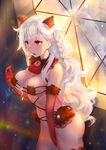  animal_ears asanogawa_(tutufcc) bad_id bad_pixiv_id braid breasts cleavage cosplay dangerous_beast fake_animal_ears fate/grand_order fate_(series) fur_trim gloves highres large_breasts long_hair looking_at_viewer navel no_panties olga_marie_animusphere orange_eyes orange_gloves orange_legwear revealing_clothes shiny shiny_skin silver_hair solo standing thighhighs tied_hair 