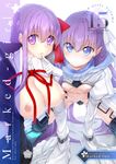  bb_(fate)_(all) bb_(fate/extra_ccc) blue_eyes blush breasts cleavage cover cover_page crotch_plate doujin_cover fate/extra fate/extra_ccc fate_(series) gloves long_hair looking_at_viewer meltlilith multiple_girls nipples purple_eyes purple_hair sleeves_past_wrists small_breasts smile spread_legs suga_hideo sweat white_gloves 