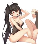  absurdres arm_up black_hair blush breasts cleavage crossed_legs eyebrows_visible_through_hair girls_frontline hallohi highres large_breasts leotard long_hair looking_at_viewer open_mouth ouroboros_(girls_frontline) playboy_bunny_leotard red_eyes sitting twintails 