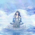  alternate_costume bare_shoulders blue_eyes blue_hair bouquet cloud cloudy_sky detached_sleeves dress fire_emblem fire_emblem:_kakusei flower hachiyuki highres light_rays long_hair looking_at_viewer lucina partially_submerged rainbow reflection ripples sitting sky smile solo sparkle symbol-shaped_pupils tiara water wedding_dress wet white_dress 