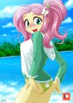  1girl ass bikini blush breasts cyan_eyes fluttershy green_bikini hair_tie hairclip hoodie jacket large_breasts my_little_pony my_little_pony_equestria_girls my_little_pony_friendship_is_magic personification pink_hair ponytail solo swimsuit swimsuit_under_clothes uotapo yellow_skin 
