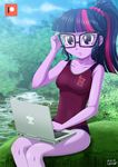  1girl breasts computer glasses hair_tie laptop multicolored_hair my_little_pony my_little_pony_equestria_girls my_little_pony_friendship_is_magic one-piece_swimsuit personification pink_hair ponytail purple_eyes purple_hair purple_skin school_swimsuit solo swimsuit twilight_sparkle two-tone_hair uotapo 