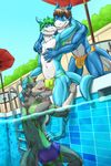  anthro bulge canine clothing digimon flamedramon flaydramon flit group group_sex hand_on_head kirkus licking male male/male mammal nipple_pinch partially_submerged penis_outline pinch sex smile speedo swimming_pool swimsuit threesome tongue tongue_out water wolf 