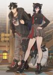  1boy 1girl alternate_costume animal_ears black_hair black_jacket blue_eyes blue_hair breasts clorinde_(genshin_impact) earrings english_commentary full_body genshin_impact grey_hair hair_between_eyes hand_on_own_hip highres jacket jewelry long_hair long_sleeves looking_at_viewer multicolored_hair purple_eyes rchella scar scar_on_neck smile standing streaked_hair thighs wriothesley_(genshin_impact) 