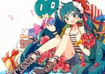  :d bad_id bad_pixiv_id balloon bangs black_skirt blush bouquet commentary cross-laced_footwear crown eyebrows_visible_through_hair flower fuuko_(2679566944) hatsune_miku heart holding holding_bouquet long_hair looking_at_viewer mini_crown open_mouth polka_dot polka_dot_background red_flower round_teeth shirt shorts sitting skirt smile socks solo strapless striped striped_legwear striped_shirt stuffed_animal stuffed_toy tareme teddy_bear teeth tubetop very_long_hair vocaloid white_shirt wristband 