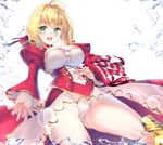  :d ahoge ass_visible_through_thighs bangs blonde_hair blush breasts cleavage commentary_request cowboy_shot dress epaulettes eyebrows_visible_through_hair fate/extra fate/extra_ccc fate_(series) from_below gorua_(youce01) greaves green_eyes hair_intakes hair_ribbon hand_on_hip highleg highleg_leotard juliet_sleeves large_breasts legs_apart leotard long_sleeves looking_at_viewer md5_mismatch nero_claudius_(fate) nero_claudius_(fate)_(all) open_mouth puffy_sleeves red_dress red_ribbon ribbon see-through sidelocks smile solo teeth thighs water_drop white_leotard 