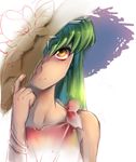  bangle bangs bare_shoulders bracelet brown_eyes c.c. closed_mouth code_geass frown green_hair hand_on_headwear hat hat_over_one_eye hein27 jewelry long_hair one_eye_covered shadown simple_background sketch solo straw_hat upper_body white_background 