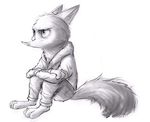  2017 anthro barefoot canine clothed clothing crossed_arms disney fox greyscale male mammal monochrome nick_wilde simple_background sitting solo sprinkah white_background zootopia 