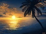  cloud cloudy_sky commentary horizon making_of mclelun no_humans ocean outdoors palm_tree reflection scenery shore signature sky sun sunset tree twilight 
