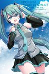  anniversary aqua_eyes aqua_hair bangs cloud commentary_request dated day detached_sleeves happy_birthday hatsune_miku headset long_hair necktie nekoyanagi_reo skirt sky solo thighhighs twintails very_long_hair vocaloid 