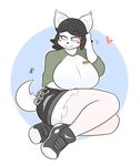  &lt;3 2017 anthro big_breasts black_hair blue_eyes blush_sticker breasts canine clothed clothing dog female footwear fully_clothed fur hair hi_res huge_breasts kilinah maggie_applebee mammal shoes signature smile solo white_fur 