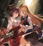  anne_(shingeki_no_bahamut) bag blonde_hair blood blood_from_mouth book bookbag cygames dragon_girl game_cg granblue_fantasy grea_(shingeki_no_bahamut) green_eyes injury long_hair multiple_girls official_art open_mouth red_eyes red_hair ruins school_uniform shingeki_no_bahamut short_hair tail thighhighs wings 