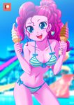  1girl bikini blue_eyes breasts earrings hair_tie ice_cream large_breasts my_little_pony my_little_pony_equestria_girls my_little_pony_friendship_is_magic personification pink_hair pink_skin pinkie_pie ponytail side-tie_bikini solo striped_bikini swimsuit uotapo 