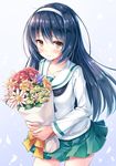  akashio_(loli_ace) bangs black_hair black_neckwear blouse blue_background blush bouquet closed_mouth collarbone commentary_request cowboy_shot cross eyebrows_visible_through_hair flower flower_request girls_und_panzer gradient gradient_background green_skirt hair_between_eyes hairband highres holding holding_bouquet long_hair long_sleeves looking_at_viewer miniskirt neckerchief ooarai_school_uniform peony_(flower) pink_flower pleated_skirt purple_flower red_flower reizei_mako ribbon school_uniform serafuku shiny shiny_hair skirt smile solo standing white_blouse white_hairband yellow_eyes yellow_flower yellow_ribbon 