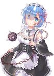  absurdres apron black_ribbon black_skirt blood blood_on_face blue_eyes blue_hair breasts chain choker cleavage frilled_apron frilled_skirt frills hair_ribbon head_wreath highres holding holding_weapon maid medium_breasts neck_ribbon open_mouth pink_ribbon re:zero_kara_hajimeru_isekai_seikatsu rem_(re:zero) ribbon short_hair simple_background skirt solo standing weapon white_apron white_background white_legwear yuhuan 