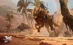  ambiguous_gender armor canine concept_art day desert female feral glowing glowing_eyes guild_wars human jackal_(path_of_fire) mammal melee_weapon official_art orange_eyes outside palm_tree running sand sky sword tree unknown_artist video_games weapon 
