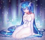  absurdres anniversary bangs blue_eyes blue_hair breasts bridal_gauntlets cleavage commentary_request covered_navel dated dress eyebrows_visible_through_hair full_body hatsune_miku highres long_hair looking_at_viewer medium_breasts naganegi seiza sitting smile solo twintails very_long_hair vocaloid white_dress 