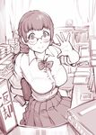  1girl blush breasts embarrassed fujoshi glasses large_breasts monochrome 