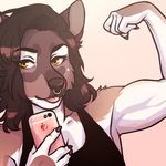  2017 anthro biceps black_nose canine claws clothed clothing female front_view fur hair mammal muscular muscular_female nasusbot simple_background solo tongue tongue_out 