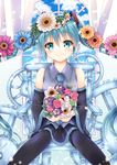  black_legwear black_skirt blue_eyes blue_hair blue_neckwear blush bouquet chair closed_mouth detached_sleeves eyebrows_visible_through_hair flower hair_flower hair_ornament hatsune_miku highres holding holding_bouquet long_hair looking_at_viewer necktie sitting skirt smile solo thighhighs twintails vocaloid yorarry 