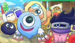  ^_^ absurdres adjusting_another&#039;s_clothes animal_collar annoyed bandaid bandaid_on_head bandana bandana_waddle_dee belt_buckle belt_collar black_hair blue_bandana blue_eyes blue_sky blush_stickers buckle bush cape character_request closed_eyes cloud cobblestone collar colored_skin cosplay cross-eyed dark_matter_blade dark_matter_blade_(cosplay) ear_covers fake_halo fake_wings fence gloves gooey_(kirby) grey_cape halo hand_on_own_head hand_on_table highres holding holding_polearm holding_shield holding_weapon kirby kirby&#039;s_dream_land_2 kirby&#039;s_dream_land_3 kirby_(series) kirby_64 lance looking_at_another magolor mountain no_mouth one-eyed open_mouth orange_footwear orange_skin pink_skin polearm rayman_limbs red_footwear scarf shadow shield shoes short_hair shoulder_pads sitting sky slime_(creature) solid_oval_eyes spiked_hair statue suyasuyabi team_kirby_clash_deluxe traditional_halo tree triangle_print waddle_doo weapon white_hood white_scarf wings yellow_eyes yellow_footwear yellow_gloves yellow_halo zero_two_(kirby) zero_two_(kirby)_(cosplay) 