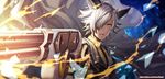  broken_glass dark_skin dark_skinned_male erune eustace-flamek eustace_(granblue_fantasy) firing glass gloves granblue_fantasy gun hair_over_one_eye highres jacket male_focus open_mouth silver_eyes silver_hair solo turtleneck twitter_username watermark weapon 