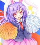  animal_ears blush bunny_ears cookie_(touhou) dhi_xyon eyebrows_visible_through_hair hisui_(cookie) long_hair looking_at_viewer necktie open_mouth pom_poms purple_hair purple_skirt red_eyes red_neckwear reisen_udongein_inaba skirt smile solo star touhou 