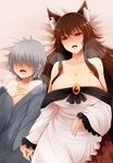  1girl animal_ears arano_oki bare_shoulders bed_sheet blush breasts brown_hair cleavage commentary_request grey_hair hair_over_eyes heavy_breathing holding_hands imaizumi_kagerou large_breasts long_hair looking_at_another lying on_back open_mouth red_eyes short_hair sweat touhou wolf_ears 