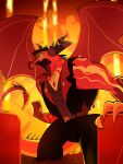 2024 absurd_res angry anthro belt biceps black_eyebrows black_horn bone bottomwear claws clothed clothed_anthro clothed_male clothing dragon eyebrows fist footwear gensubart glowing glowing_eyes grey_horn helluva_boss hi_res horn kneeling lava long_tail long_tongue looking_away male markings membrane_(anatomy) membranous_wings multi_eye multicolored_body multicolored_horn multicolored_skin multicolored_tail multicolored_wings muscular muscular_anthro muscular_male mythological_creature mythological_scalie mythology narrowed_eyes neck_spikes on_ground open_mouth pants portrait pose raised_wings red_body red_nose red_skin red_tail red_tongue red_wings satan_(helluva_boss) scalie sharp_teeth shirt shoes skull solo spade_tail spiked_tail spikes spikes_(anatomy) spread_wings squint tail teeth thick_thighs tongue toony topwear torn_clothing torn_vest triceps vest white_horn wings yellow_body yellow_eyes yellow_skin yellow_tail yellow_wings
